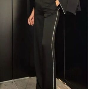 Jason Wu Crystal Rhinestone side trim black wide leg satin pants size 6